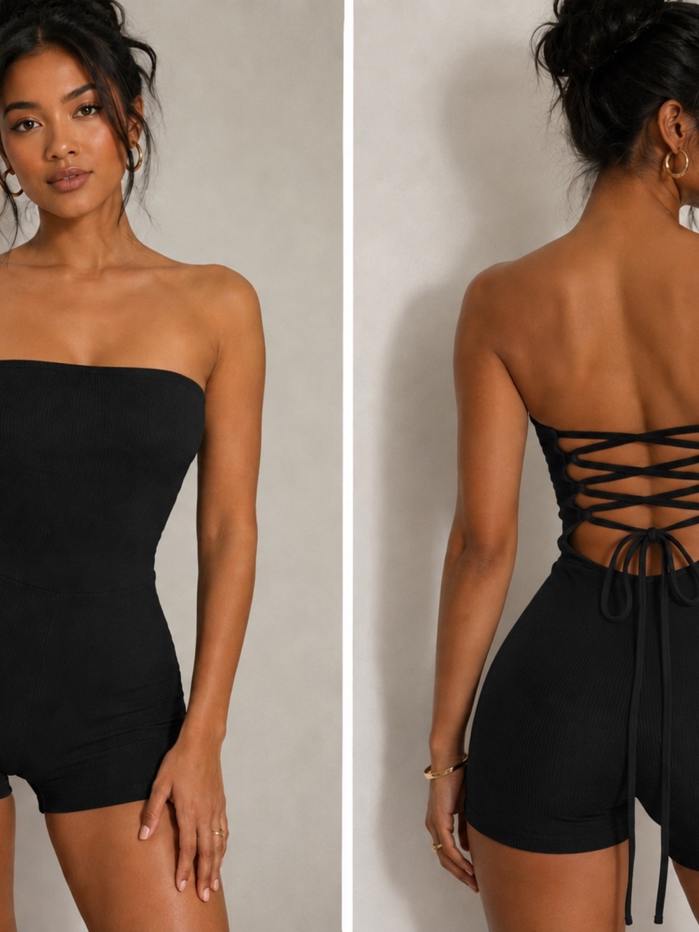 Strapless Lace-Up Back Black Ribbed Romper